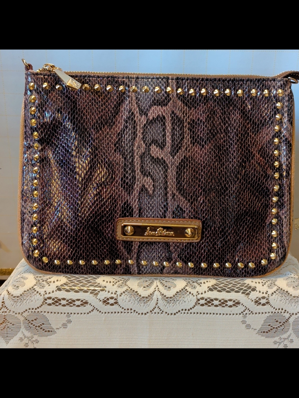 Sam Edelman Brown Snake-Print Wristlet with Gold Studs